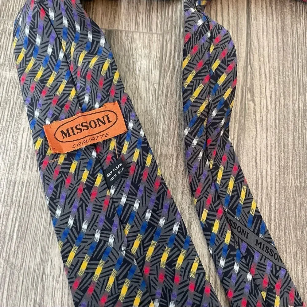 Missoni Vintage Blue Yellow Red Allover Pattern Silk Tie